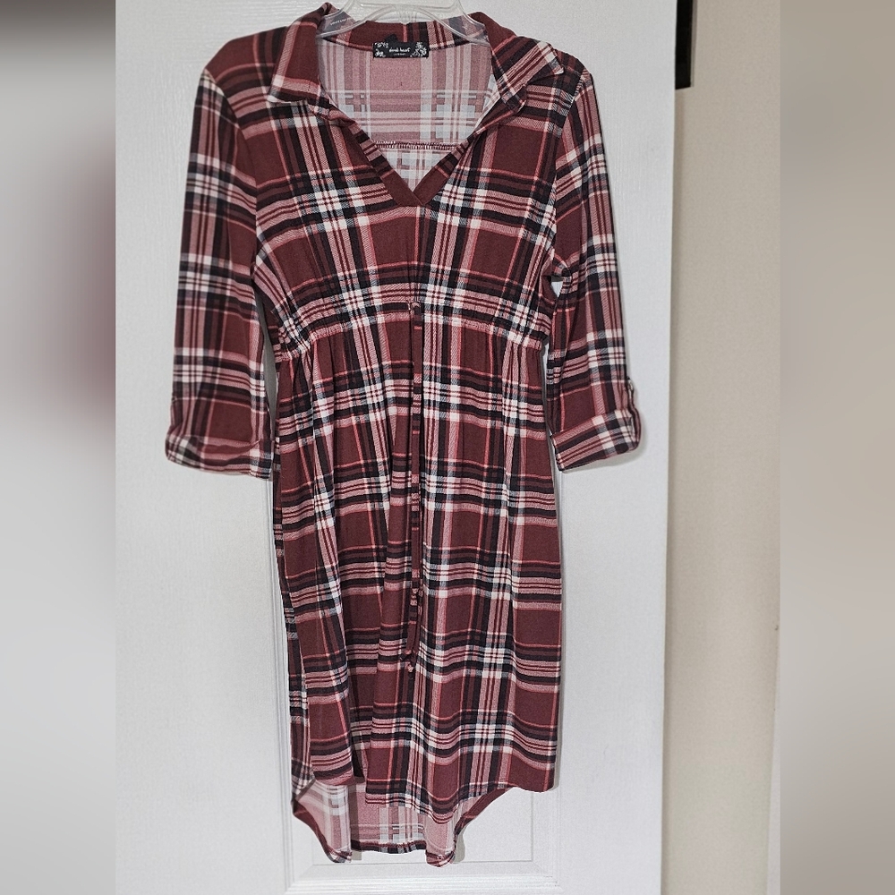 Derek Heart Red Plaid Asymmetrical Shirt Dress
